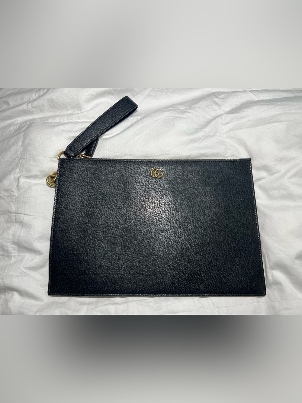 Gucci Ins pired Black Leather Wristlet with Gold Logo